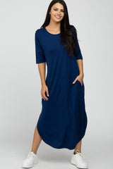 Navy Blue Round Hem Short Sleeve Midi Dress