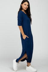 Navy Blue Round Hem Short Sleeve Midi Dress