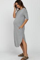 Heather Grey Round Hem Short Sleeve Maternity Midi Dress