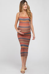 Red Striped Ribbed Fitted Maternity Midi Dress