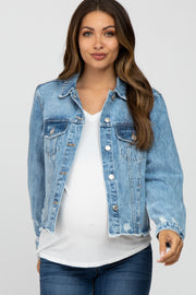 Blue Distressed Cropped Maternity Denim Jacket