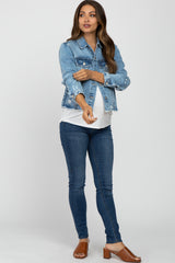 Blue Distressed Cropped Maternity Denim Jacket