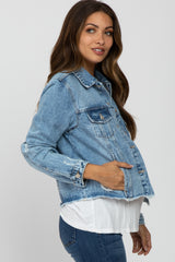 Blue Distressed Cropped Maternity Denim Jacket