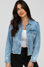 Blue Distressed Cropped Denim Jacket