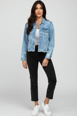 Blue Distressed Cropped Denim Jacket