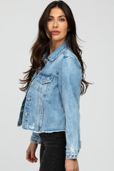 Blue Distressed Cropped Denim Jacket