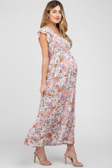 Pink Floral Smocked Maternity Maxi Dress