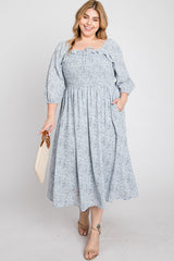 Light Blue Floral Smocked Plus Midi Dress