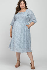 Light Blue Floral Smocked Plus Maternity Midi Dress