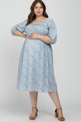 Light Blue Floral Smocked Plus Maternity Midi Dress