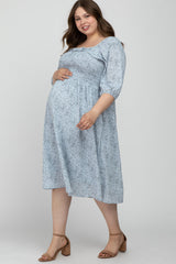 Light Blue Floral Smocked Plus Maternity Midi Dress