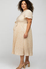 Taupe Floral Pleated Maternity Plus Midi Dress