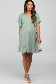 Mint Green Smocked Front Ruffle Hem Maternity Dress