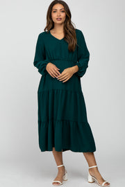 Forest Green Long Sleeve Tiered Maternity Maxi Dress