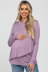 Lavender Solid Layered Front Long Sleeve Maternity/Nursing Top