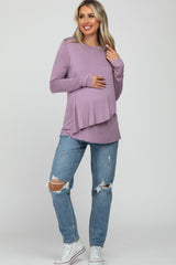 Lavender Solid Layered Front Long Sleeve Maternity/Nursing Top