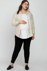 Beige Linen Fringe Hi-Low Button Up Maternity Plus Top