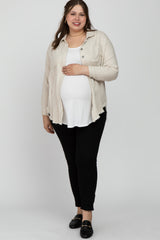 Beige Linen Fringe Hi-Low Button Up Maternity Plus Top