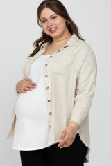 Beige Linen Fringe Hi-Low Button Up Maternity Plus Top