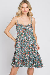 Teal Floral Sleeveless Ruffle Hem Mini Dress