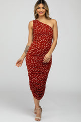 Rust Floral One Shoulder Side Ruched Maternity Midi Dress