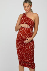 Rust Floral One Shoulder Side Ruched Maternity Midi Dress