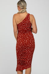 Rust Floral One Shoulder Side Ruched Maternity Midi Dress