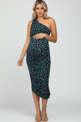 Forest Green Floral One Shoulder Side Ruched Maternity Midi Dress