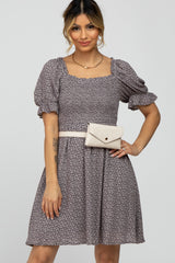 Grey Floral Smocked Square Neck Maternity Dress