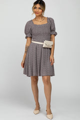 Grey Floral Smocked Square Neck Dress