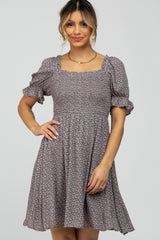 Grey Floral Smocked Square Neck Dress