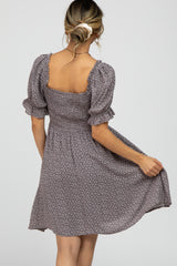 Grey Floral Smocked Square Neck Dress