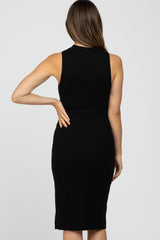 Black Ribbed Sleeveless Mock Neck Maternity Midi Dress