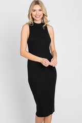 Black Ribbed Sleeveless Mock Neck Midi Dress