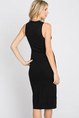 Black Ribbed Sleeveless Mock Neck Midi Dress