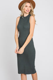 Forest Green Ribbed Sleeveless Mock Neck Midi Dress