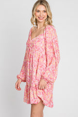 Pink Floral Long Sleeve Ruffle Hem Dress