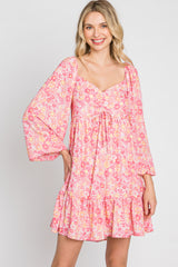 Pink Floral Long Sleeve Ruffle Hem Dress