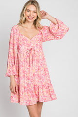 Pink Floral Long Sleeve Ruffle Hem Dress