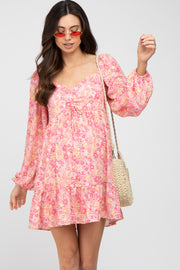 Pink Floral Long Sleeve Ruffle Hem Maternity Dress