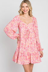 Pink Floral Long Sleeve Ruffle Hem Dress