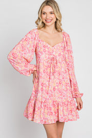 Pink Floral Long Sleeve Ruffle Hem Dress