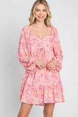 Pink Floral Long Sleeve Ruffle Hem Dress