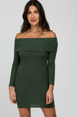 Olive Ribbed Foldover Off Shoulder Maternity Dress