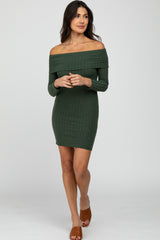 Olive Ribbed Foldover Off Shoulder Dress