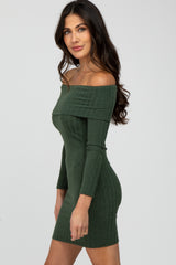 Olive Ribbed Foldover Off Shoulder Dress