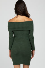 Olive Ribbed Foldover Off Shoulder Dress