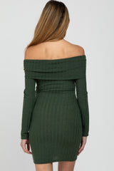 Olive Ribbed Foldover Off Shoulder Maternity Dress