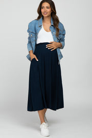 Navy Ruffle Waist Maternity Midi Skirt