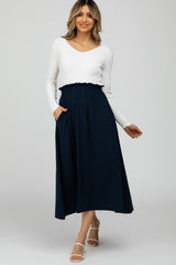 Navy Ruffle Waist Midi Skirt